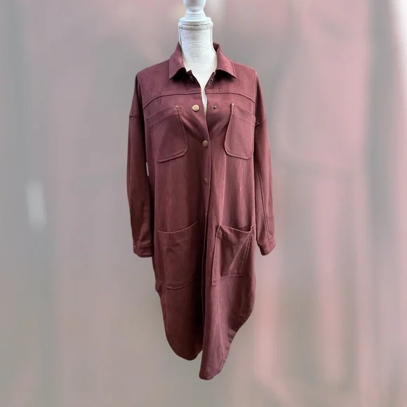 Oversized a Anthropology Pilot sz SM duster in rose faux suede soft cozy snaps - Picture 3 of 8